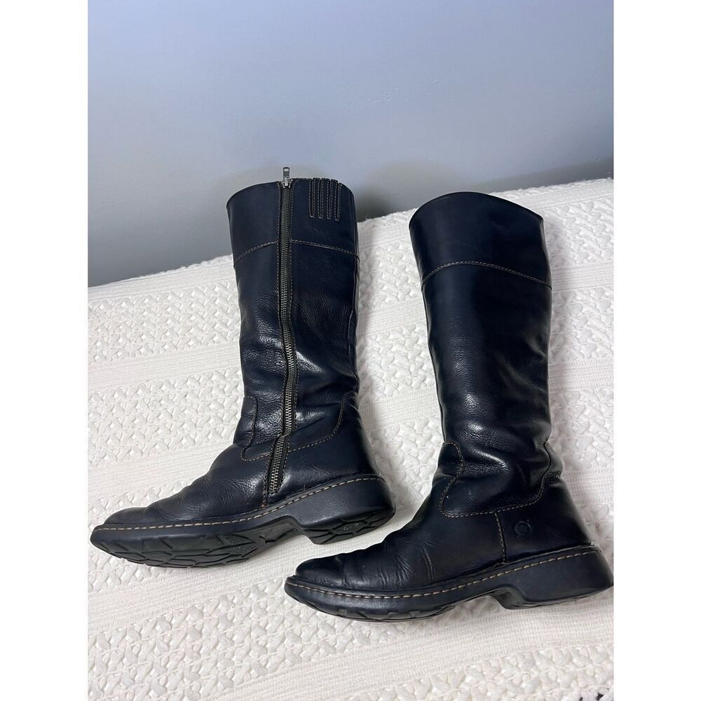 Børn Black Leather Knee High Riding Boots Zip Comfort Flat Classic Sz 6 - Picture 6 of 12